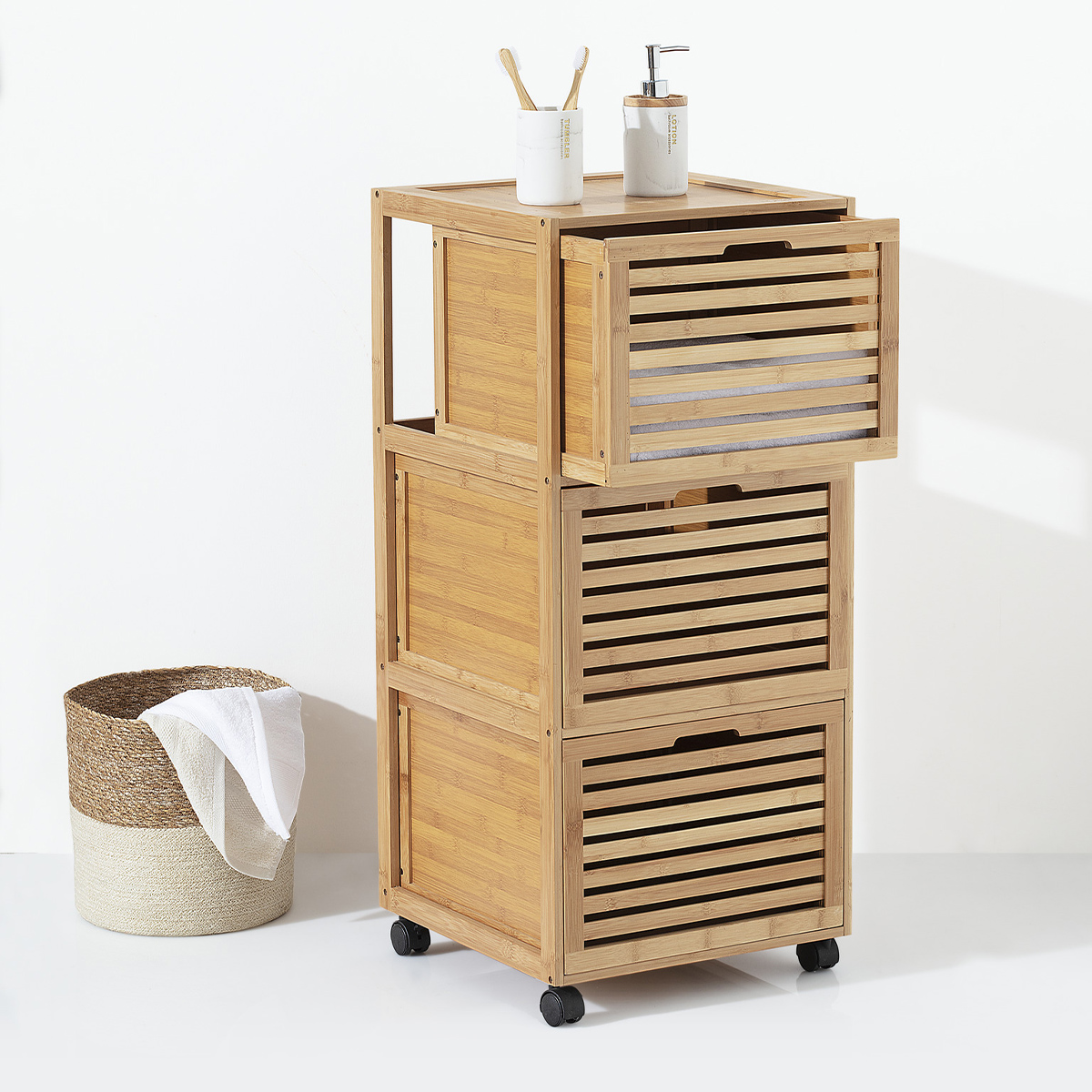 Meuble colonne 3 tiroirs, bambou Sicela