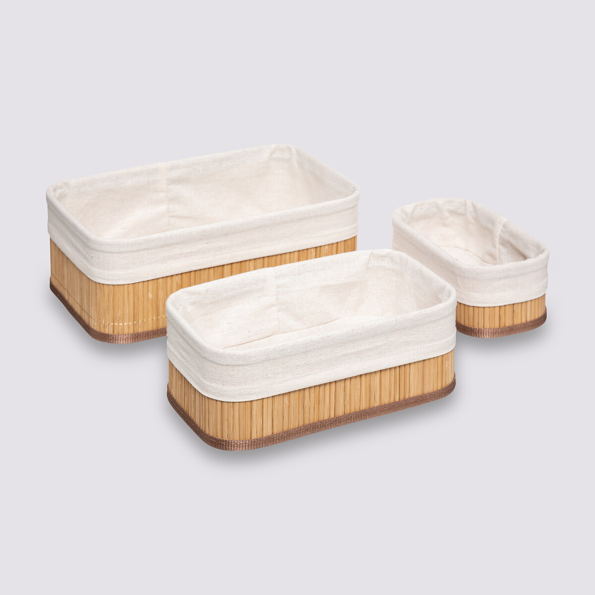 3 paniers bambou, tissu blanc Vannerie
